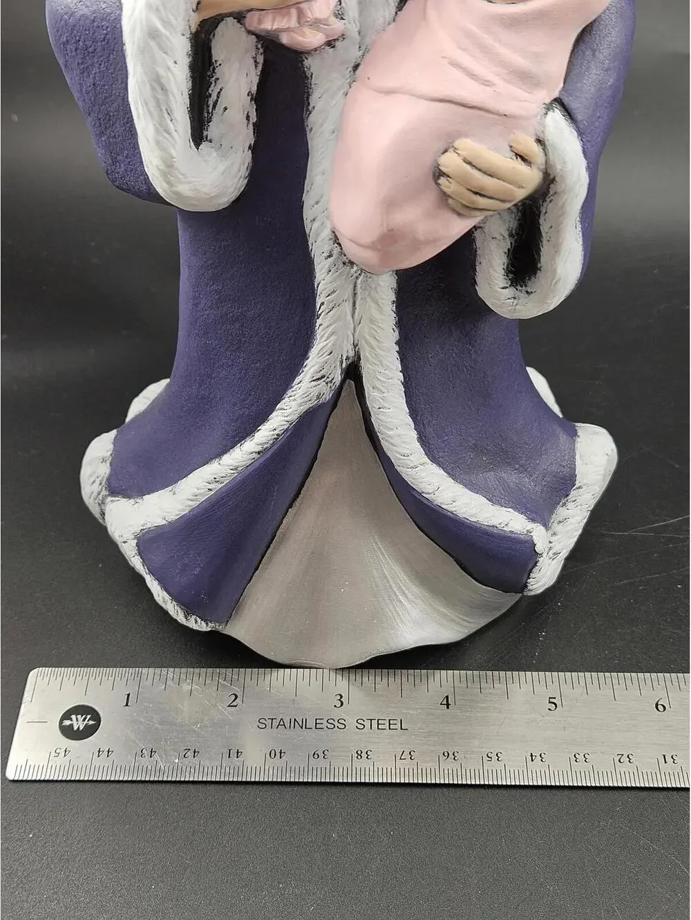 Ceramic Santa Figurine Purple Robe with Baby Christmas Decor Hand Painted 8.5 H.